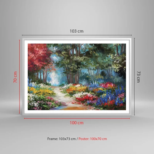Plakat i hvid ramme - Skovhave, blomsterskov - 100x70 cm