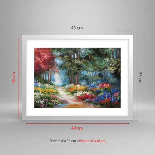 Plakat i hvid ramme - Skovhave, blomsterskov - 40x30 cm