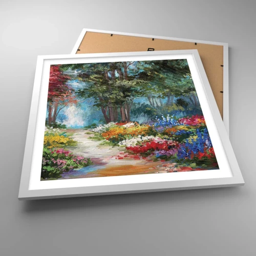 Plakat i hvid ramme - Skovhave, blomsterskov - 50x50 cm