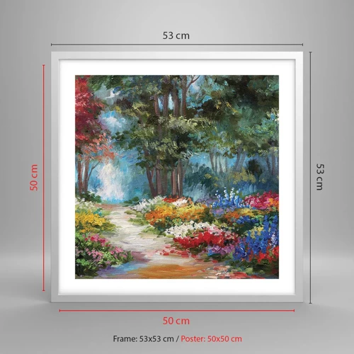 Plakat i hvid ramme - Skovhave, blomsterskov - 50x50 cm