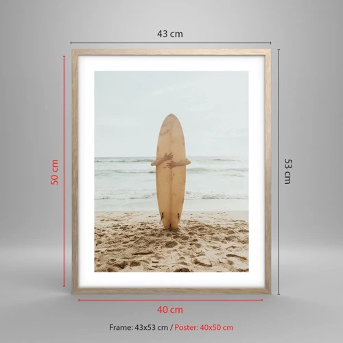 Plakat i ramme af lyst egetræ - Af kærlighed til bølgerne - 40x50 cm