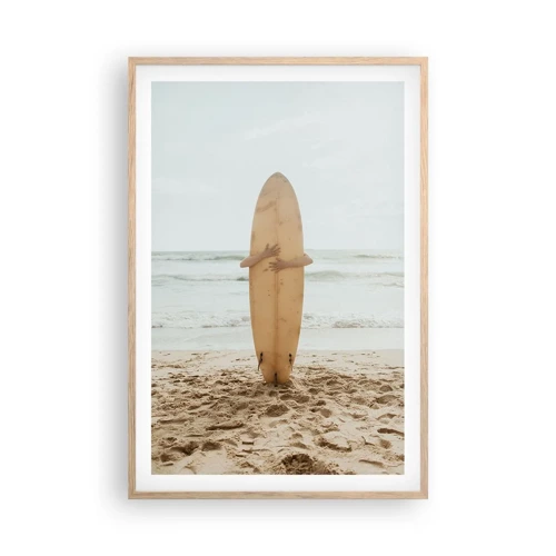 Plakat i ramme af lyst egetræ - Af kærlighed til bølgerne - 61x91 cm