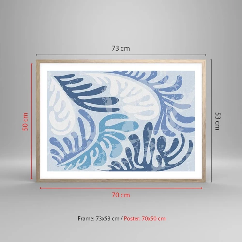 Plakat i ramme af lyst egetræ - Blå bregner - 70x50 cm