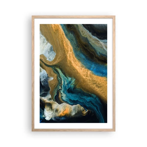Plakat i ramme af lyst egetræ - Blå - gul - gensidig indflydelse - 50x70 cm