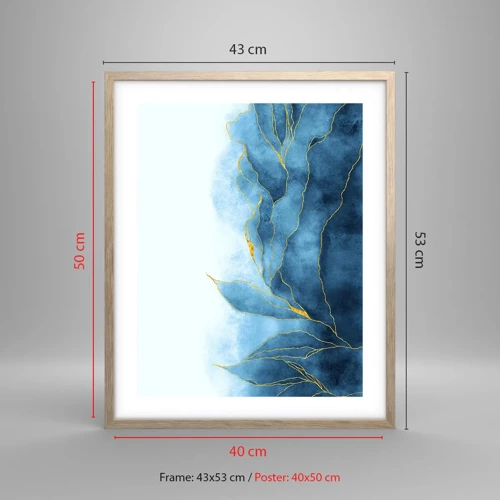 Plakat i ramme af lyst egetræ - Blå i guld - 40x50 cm