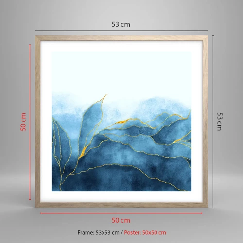 Plakat i ramme af lyst egetræ - Blå i guld - 50x50 cm