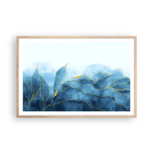 Plakat i ramme af lyst egetræ - Blå i guld - 91x61 cm