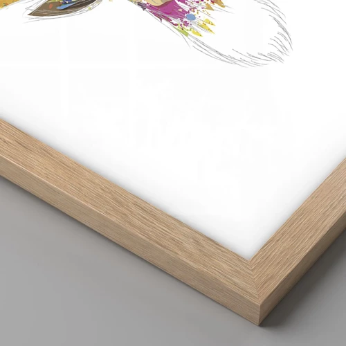 Plakat i ramme af lyst egetræ - Blid kronhjort badet i farver - 40x50 cm