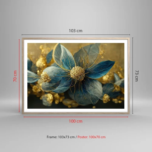 Plakat i ramme af lyst egetræ - Blomstre med guld - 100x70 cm