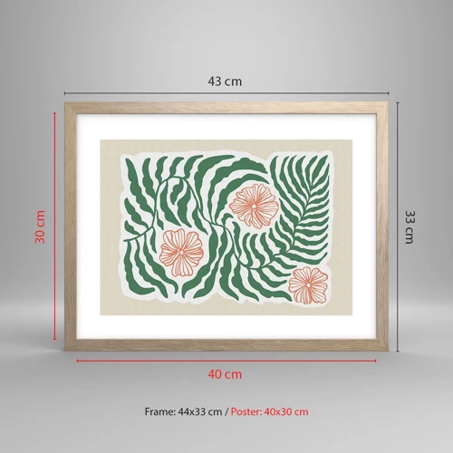 Plakat i ramme af lyst egetræ - Blomstrede i grønt - 40x30 cm