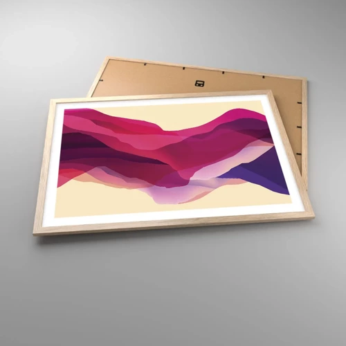 Plakat i ramme af lyst egetræ - Bølger i lilla - 70x50 cm