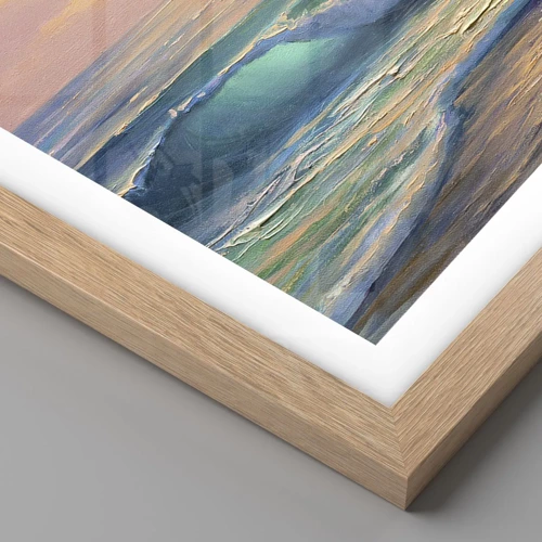 Plakat i ramme af lyst egetræ - Bølgernes turkisfarvede sang - 40x40 cm