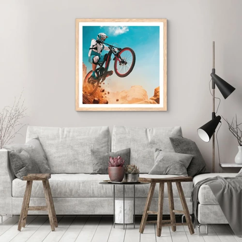 Plakat i ramme af lyst egetræ - Cykel-dæmonisk galskab - 60x60 cm