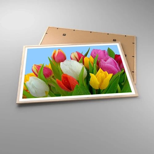 Plakat i ramme af lyst egetræ - En blomstret regnbue i dugdråber - 100x70 cm