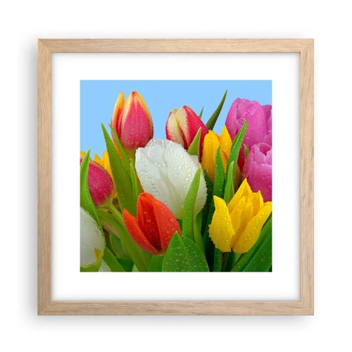 Plakat i ramme af lyst egetræ - En blomstret regnbue i dugdråber - 30x30 cm