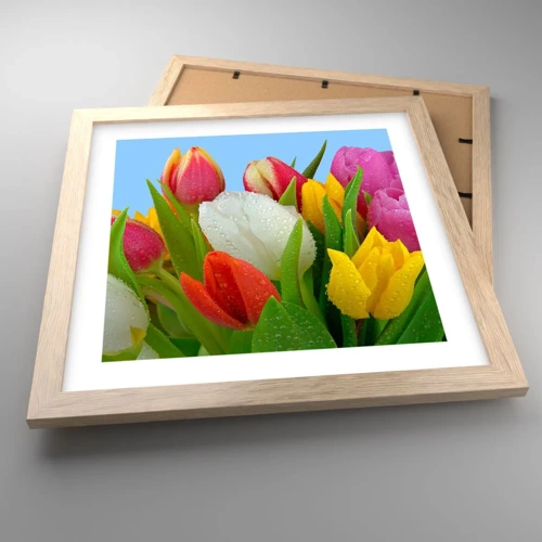 Plakat i ramme af lyst egetræ - En blomstret regnbue i dugdråber - 30x30 cm