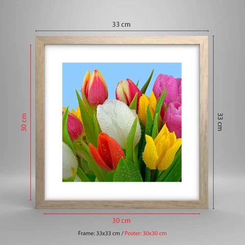 Plakat i ramme af lyst egetræ - En blomstret regnbue i dugdråber - 30x30 cm