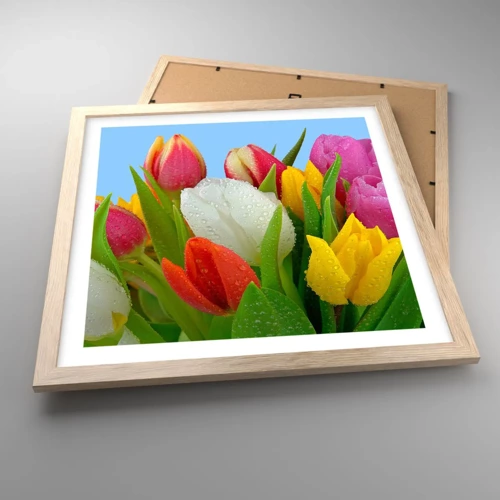 Plakat i ramme af lyst egetræ - En blomstret regnbue i dugdråber - 40x40 cm