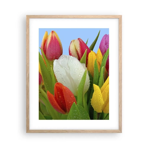 Plakat i ramme af lyst egetræ - En blomstret regnbue i dugdråber - 40x50 cm