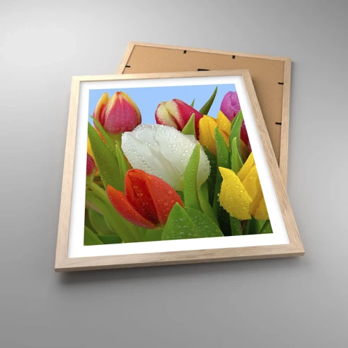 Plakat i ramme af lyst egetræ - En blomstret regnbue i dugdråber - 40x50 cm