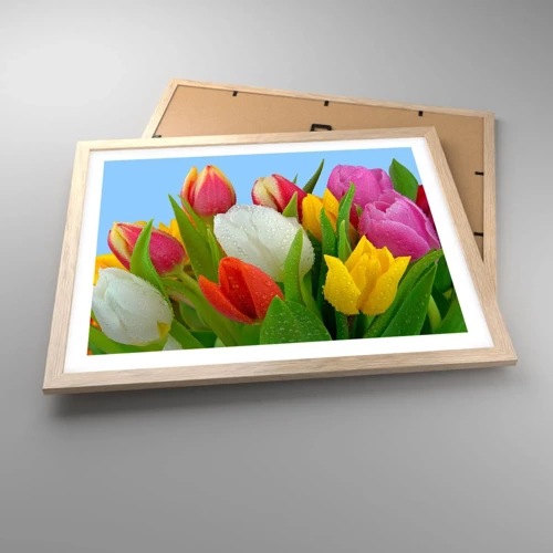 Plakat i ramme af lyst egetræ - En blomstret regnbue i dugdråber - 50x40 cm