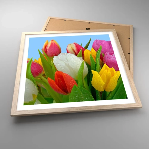 Plakat i ramme af lyst egetræ - En blomstret regnbue i dugdråber - 50x50 cm