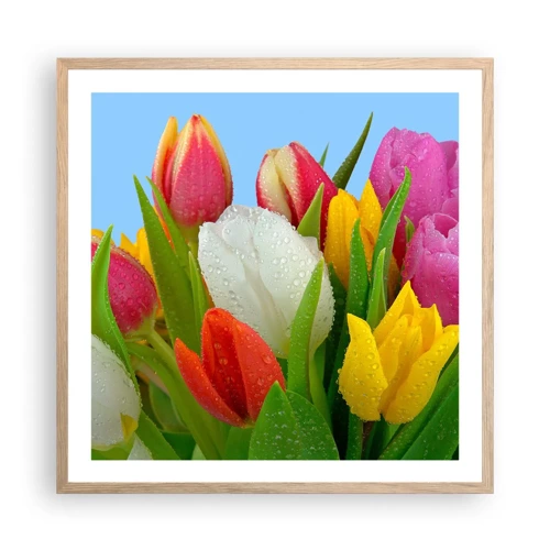 Plakat i ramme af lyst egetræ - En blomstret regnbue i dugdråber - 60x60 cm