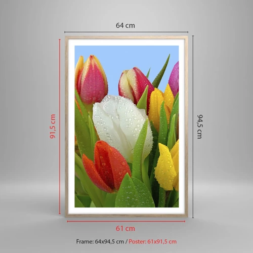 Plakat i ramme af lyst egetræ - En blomstret regnbue i dugdråber - 61x91 cm