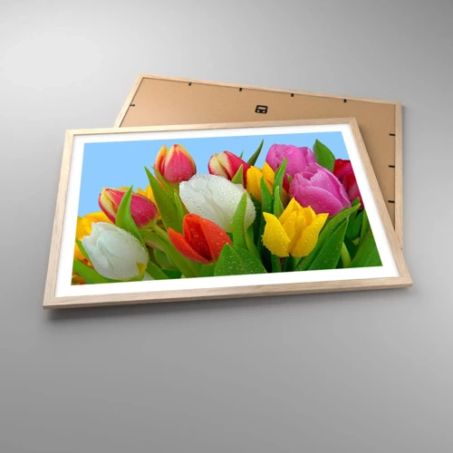 Plakat i ramme af lyst egetræ - En blomstret regnbue i dugdråber - 70x50 cm