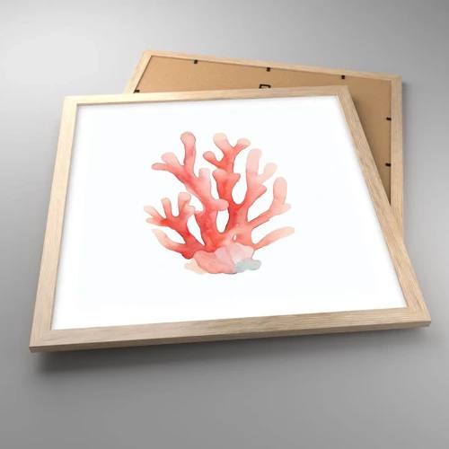 Plakat i ramme af lyst egetræ - Farven koral - 40x40 cm