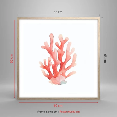 Plakat i ramme af lyst egetræ - Farven koral - 60x60 cm