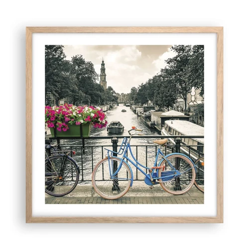 Plakat i ramme af lyst egetræ - Farverne i Amsterdams gader - 50x50 cm