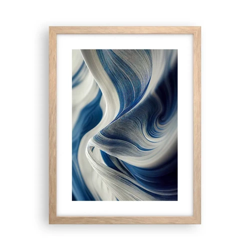 Plakat i ramme af lyst egetræ - Flydende blå og hvide farver - 30x40 cm