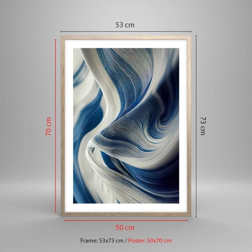 Plakat i ramme af lyst egetræ - Flydende blå og hvide farver - 50x70 cm