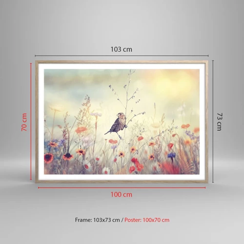 Plakat i ramme af lyst egetræ - Fugleportræt med en eng i baggrunden - 100x70 cm