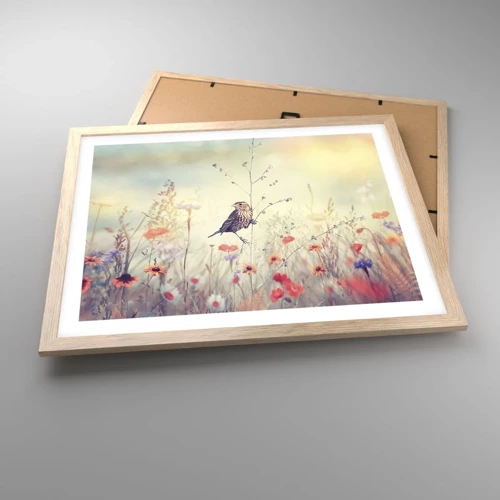Plakat i ramme af lyst egetræ - Fugleportræt med en eng i baggrunden - 50x40 cm