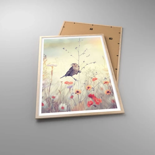 Plakat i ramme af lyst egetræ - Fugleportræt med en eng i baggrunden - 61x91 cm