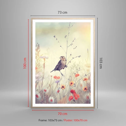 Plakat i ramme af lyst egetræ - Fugleportræt med en eng i baggrunden - 70x100 cm