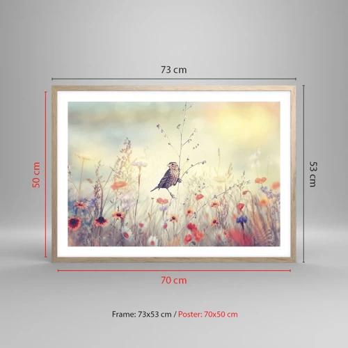 Plakat i ramme af lyst egetræ - Fugleportræt med en eng i baggrunden - 70x50 cm