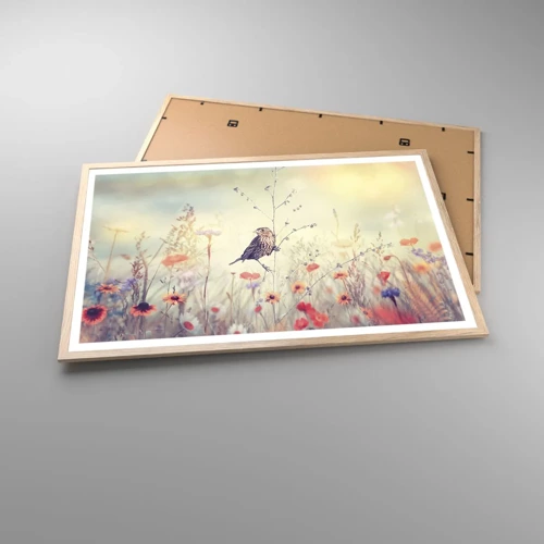 Plakat i ramme af lyst egetræ - Fugleportræt med en eng i baggrunden - 91x61 cm