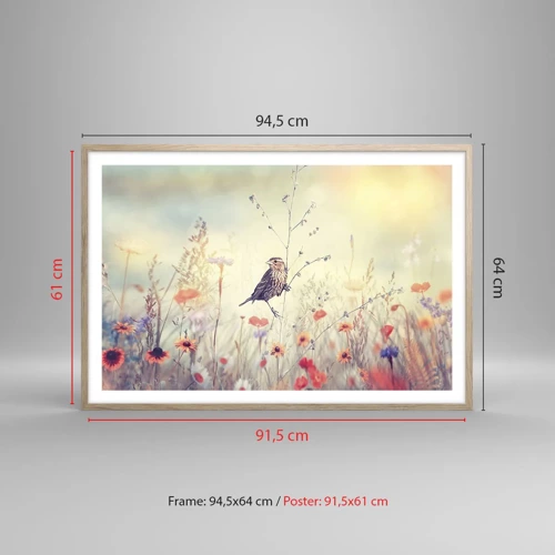 Plakat i ramme af lyst egetræ - Fugleportræt med en eng i baggrunden - 91x61 cm