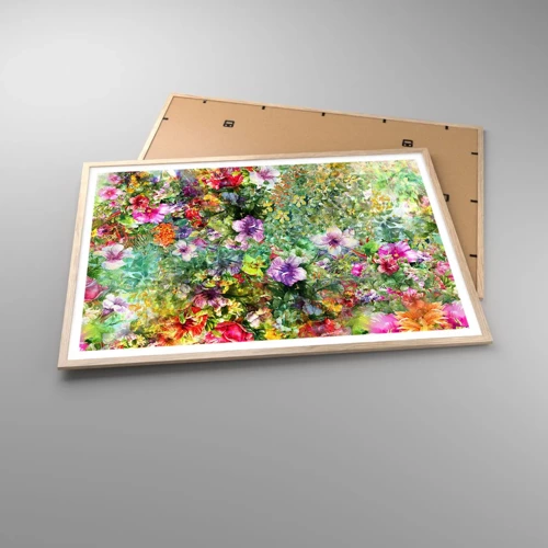 Plakat i ramme af lyst egetræ - Ind i blomsterne ved fortabelse - 100x70 cm