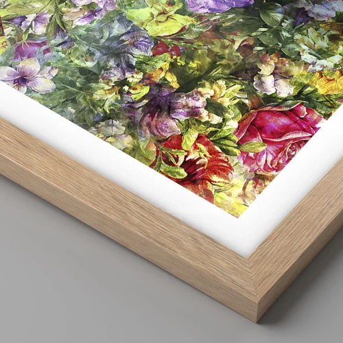 Plakat i ramme af lyst egetræ - Ind i blomsterne ved fortabelse - 100x70 cm