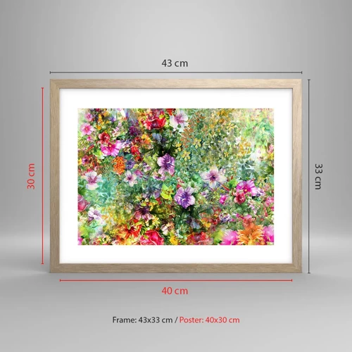 Plakat i ramme af lyst egetræ - Ind i blomsterne ved fortabelse - 40x30 cm