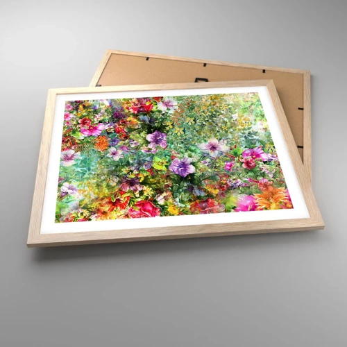 Plakat i ramme af lyst egetræ - Ind i blomsterne ved fortabelse - 50x40 cm