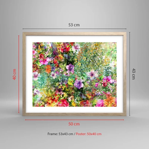 Plakat i ramme af lyst egetræ - Ind i blomsterne ved fortabelse - 50x40 cm