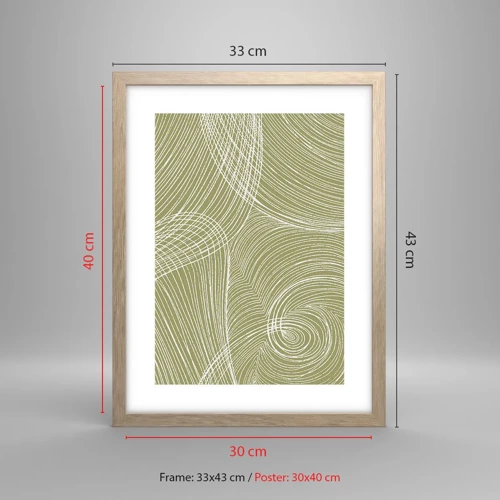 Plakat i ramme af lyst egetræ - Indviklet abstraktion i hvidt - 30x40 cm