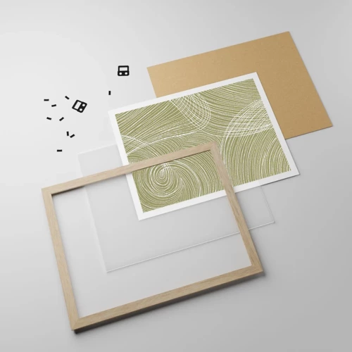 Plakat i ramme af lyst egetræ - Indviklet abstraktion i hvidt - 40x30 cm