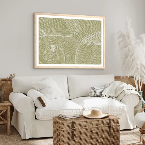 Plakat i ramme af lyst egetræ - Indviklet abstraktion i hvidt - 50x40 cm