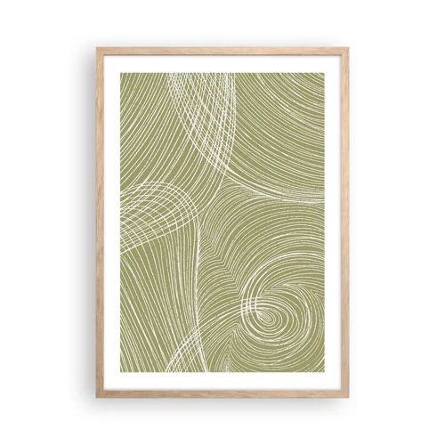 Plakat i ramme af lyst egetræ - Indviklet abstraktion i hvidt - 50x70 cm